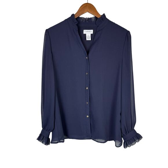 Carmen Marc Valvo Navy Sheer Chiffon Long Sleeve Button Up Business Blouse - Picture 8 of 13